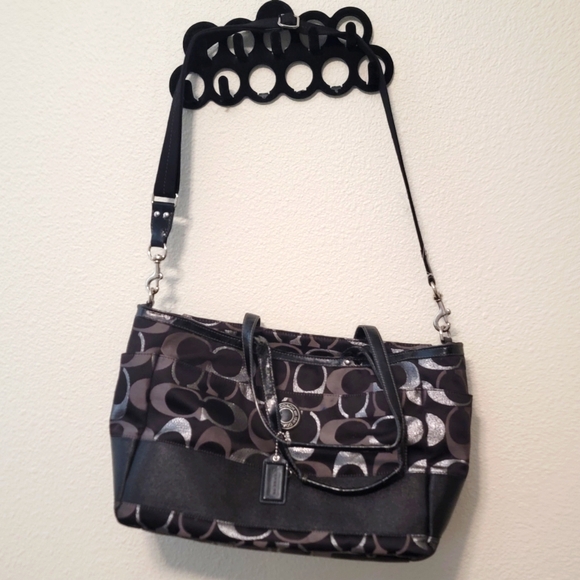 COACH Black Silver Signature Stripe Optic Multi-Function Bag - Picture 1 of 4